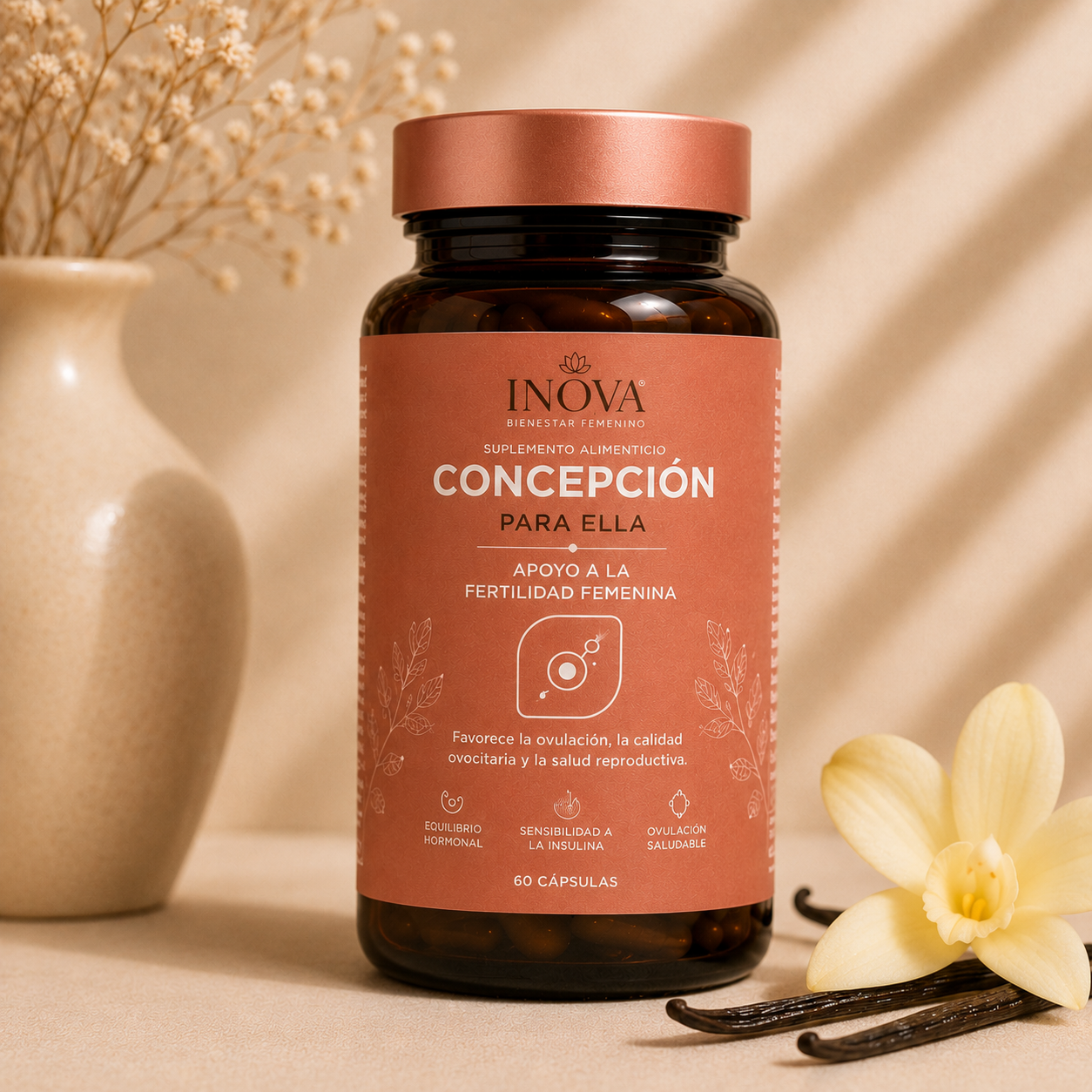 Frasco de capsulas para ella, apoyo a la fertilidad.
